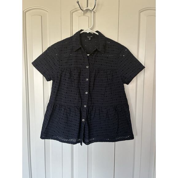 Madewell Navy Blue Blouse Eyelet Seamed Button Down Shirt 100% Cotton Sz XS - Picture 2 of 4